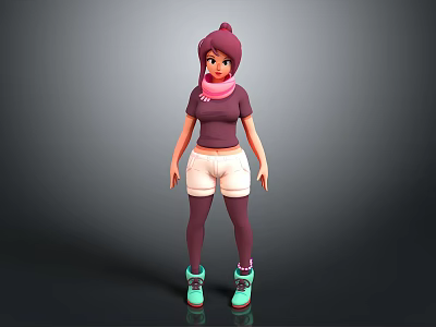 3D Game Movie Character With Pink Hair Scarf Purple Top White Shorts And Green Sneakers 3d model