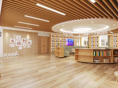 School Library Interior With Wooden Ceiling Bookshelves Bright Reading Area Sofa And 3d model