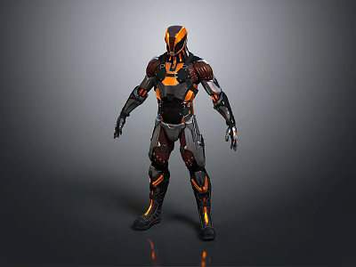 Detailed Futuristic Armored Character With Black And Orange Mechanical Suit Design 3d model