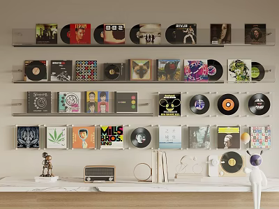 Wall Display With Vinyl Records CDs And Decor Items 3d model