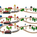 Wooden Doll Toy Train Track Set With Small Houses Trees And Train Cars