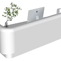 Modern White Reception Desk with Curved Design Featuring Small Plant Laptop and LED Light Strip