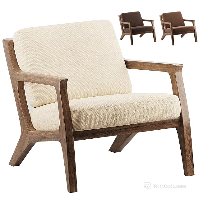 Modern Accent Chair With Walnut Wood Frame And Cream Upholstery Armrests Angled Legs 3d model 