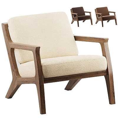 Modern Accent Chair With Walnut Wood Frame And Cream Upholstery Armrests Angled Legs 3d model
