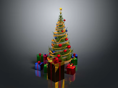 Decorated Christmas Tree With Colorful Ornaments And Gift Boxes Around 3d model