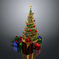 Decorated Christmas Tree With Colorful Ornaments And Gift Boxes Around