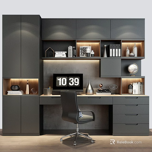 Modern Home Office Desk With Gray Cabinets Lit Shelves Books And Black Chair 3d model 