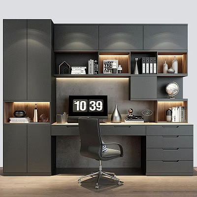 Modern Home Office Desk With Gray Cabinets Lit Shelves Books And Black Chair 3d model