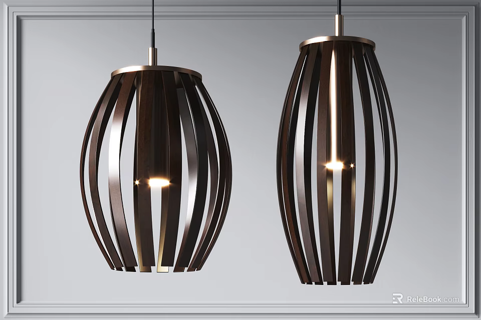 Modern Oval Pendant Lights With Striped Wooden Design And Warm Illumination 3d model 