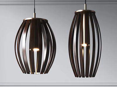 Modern Oval Pendant Lights With Striped Wooden Design And Warm Illumination 3d model