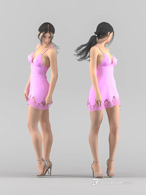 Woman In Pink Satin Nightgown With Delicate Lace Hem And Straps 3d model 