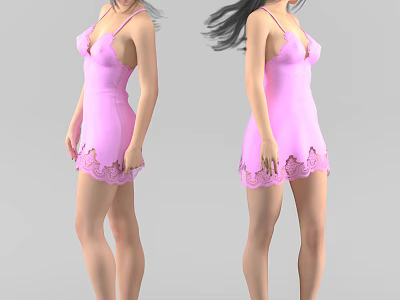 Woman In Pink Satin Nightgown With Delicate Lace Hem And Straps 3d model
