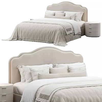 Beige Double Bed with Upholstered Headboard Soft Pillows and Matching Nightstand 3d model