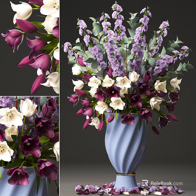 Elegant Blue Vase With Purple White And Pink Flowers For Home Decoration 3d model 