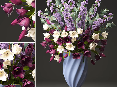 Elegant Blue Vase With Purple White And Pink Flowers For Home Decoration 3d model