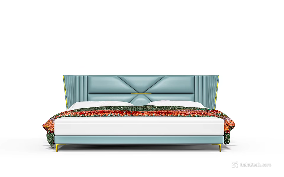 Modern Double Bed With Light Blue Upholstered Headboard Geometric Stitching Colorful Bedspread Gold Metal Legs 3d model 