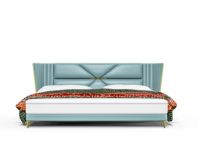 Modern Double Bed With Light Blue Upholstered Headboard Geometric Stitching Colorful Bedspread Gold Metal Legs 3d model