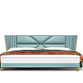 Modern Double Bed With Light Blue Upholstered Headboard Geometric Stitching Colorful Bedspread Gold Metal Legs