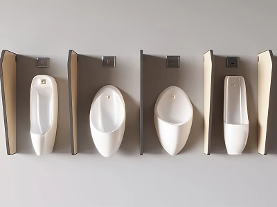 White Urinals Arranged In Row With Black Partitions On Gray Wall In Modern Public Restroom 3d model