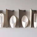 White Urinals Arranged In Row With Black Partitions On Gray Wall In Modern Public Restroom