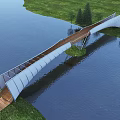 Modern White Landscape Bridge Over Water With Wooden Deck Green Grass And Trees