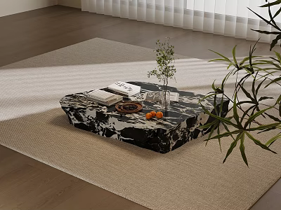 Black White Marble Coffee Table with Open Book Plant Vase Oranges on Light Carpet 3d model