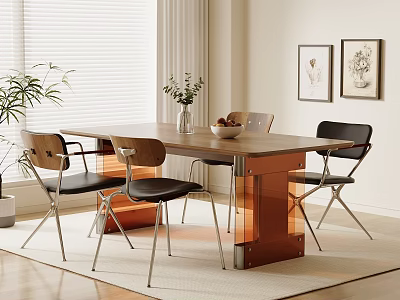 Modern Dining Table Set With Wooden Top Black Seats Metal Legs And Decorative Plants 3d model