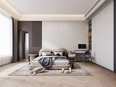 Modern Bedroom Interior Design With Bed Nightstand Desk And Wardrobe 3d model