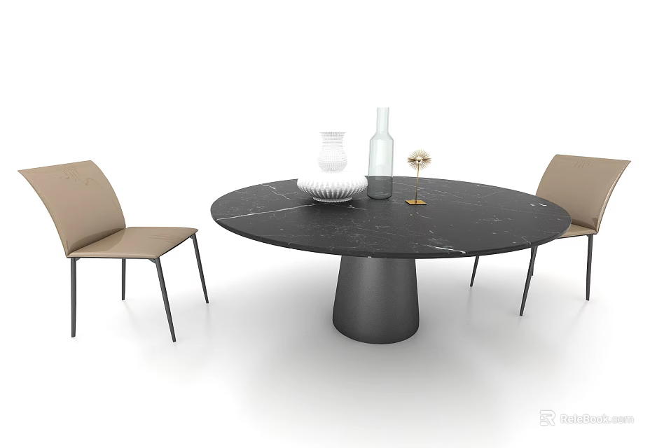 Modern Black Marble Round Dining Table Set With Beige Chairs And Decorative Vases 3d model