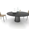 Modern Black Marble Round Dining Table Set With Beige Chairs And Decorative Vases 3d model