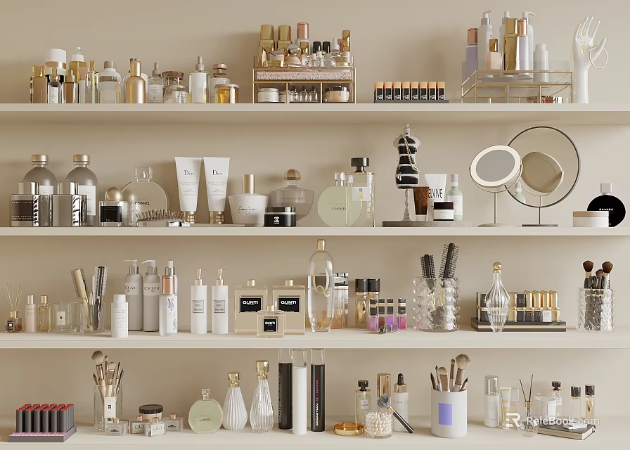 Luxury Perfume And Cosmetics Display On Decorative Shelves With Various Bottles And Makeup Products 3d model 