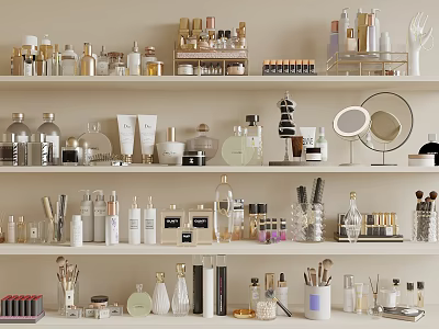 Luxury Perfume And Cosmetics Display On Decorative Shelves With Various Bottles And Makeup Products 3d model