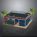 Small Building Featuring Blue Red Walls Black Roof Transparent Section Palm Trees and Green Plants
