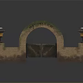 Traditional Arched Entrance Gate Featuring Stone Pillars And Lanterns On Both Sides