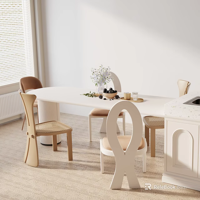 White Wooden Dining Table Set With Stylish Chairs Vase Flowers Natural Light And Window Blinds 3d model 
