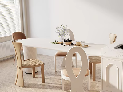 White Wooden Dining Table Set With Stylish Chairs Vase Flowers Natural Light And Window Blinds 3d model
