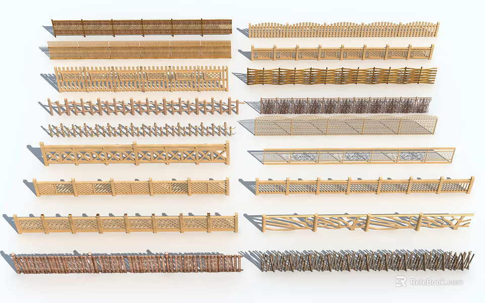 Various Types Of Garden Fence Designs With Wooden And Metal Materials 3d model 