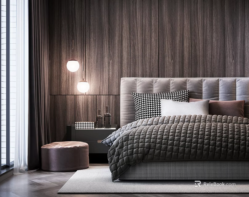 Modern Double Bed With Upholstered Headboard Wooden Wall Table Lamp And Decorative Pillows 3d model 