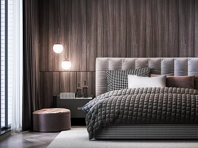 Modern Double Bed With Upholstered Headboard Wooden Wall Table Lamp And Decorative Pillows 3d model