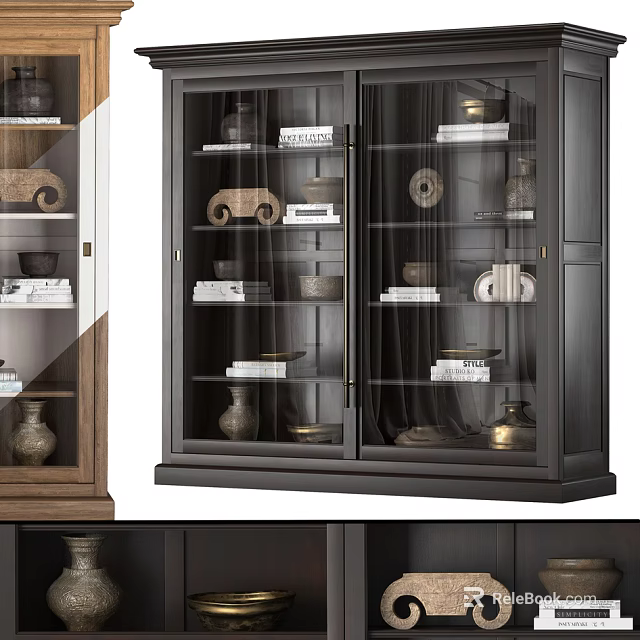 Modern Bookcase With Glass Doors And Wooden Shelves Holding Books Decorative Items 3d model 