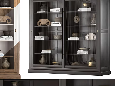 Modern Bookcase With Glass Doors And Wooden Shelves Holding Books Decorative Items 3d model