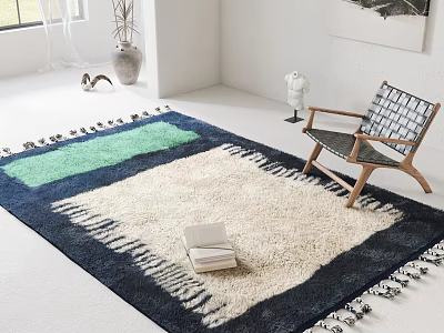 Square Rug with Blue Green Cream Pattern Fringed Edges Modern Bohemian Living Room Decor 3d model