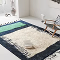 Square Rug with Blue Green Cream Pattern Fringed Edges Modern Bohemian Living Room Decor