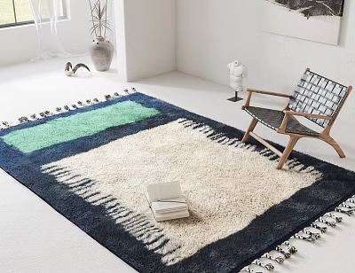 Square Rug with Blue Green Cream Pattern Fringed Edges Modern Bohemian Living Room Decor 3d model