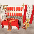 Art Installation With Bamboo Frame Red Lanterns Chinese Calligraphy Scrolls And Red Tablecloth Decorations
