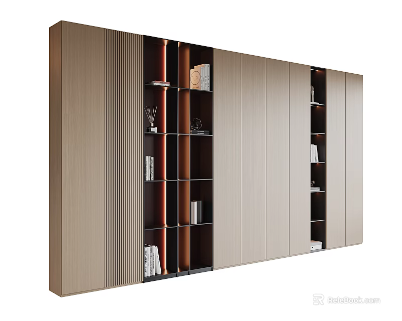 Modern Beige Bookcase With Open Compartments And Storage Cabinets Interior Design 3d model