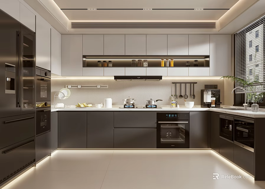 Modern Kitchen Interior Design With Gray Cabinets Counter And Stainless Steel Appliances 3d model 