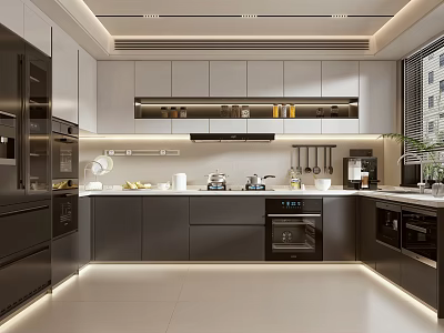 Modern Kitchen Interior Design With Gray Cabinets Counter And Stainless Steel Appliances 3d model