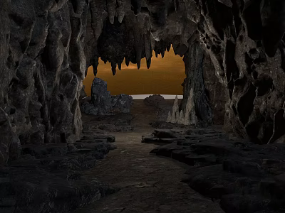 Cave Interior With Stalactites Rocky Walls Orange Light And Stone Path 3d model