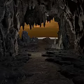 Cave Interior With Stalactites Rocky Walls Orange Light And Stone Path